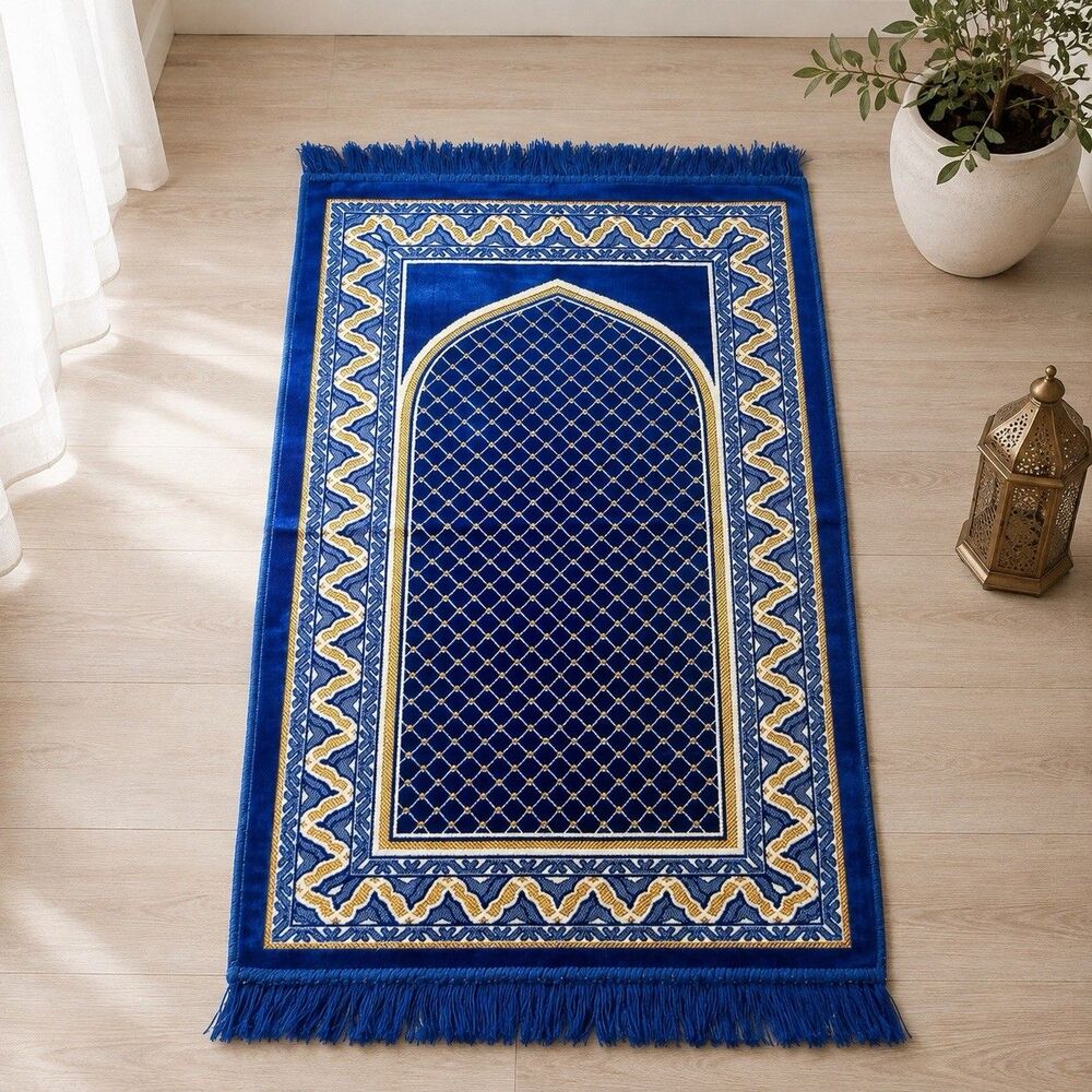 ELISA Turkish Prayer Rug Blue Gold Velvet Muslim Salah Sajjadah 45x27